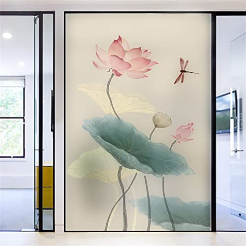 Blickdicht Sichtschutzfolie, Statische 3D Fenster Dekorfolie Milchglasfolie Selbsthaftend,Anti-UV Für Zuhause Badzimmer Oder BüRo-Lotus und Libelle(44.5cmx200cm) von KEKUYA