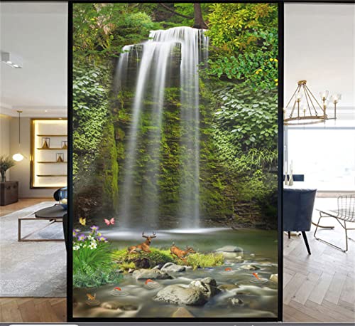Blickdicht Sichtschutzfolie,Milchglasfolie statisch haftend, Anti-UV, Einfache entfernung Wiederverwendbar, Für Büro Und Zuhause geeingnet Dekofolie - Landschaft Wald(90cmx200cm) von KEKUYA