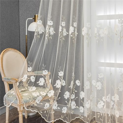 KEKUYA 1er-Set Voile Dekoschal Ösenvorhang,Gardinen Lichtdurchlässig Paneele Vorhänge für Schlafzimmer WohnzimmerWeiße Stickerei B270×H240cm von KEKUYA