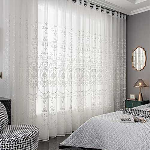 KEKUYA 2 er Set Wohnzimmer Gardinen,Voile Gardinen Vorhang halbtransparent mit Ösen Gardinen Modern für Schlafzimmer Balkontür Luftige Gardinen, Weiße Blume B132×H240cm von KEKUYA