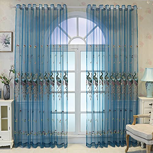 KEKUYA Voile Gardinen Vorhang halbtransparent 2er Set Vorhänge aus Gaze Stoff mit Ösen Atmungsaktiv Luftig Dekoschal für Wohnzimmer Schlafzimmer Kinderzimmer- Blue Peacock(B168 x H229cm) von KEKUYA