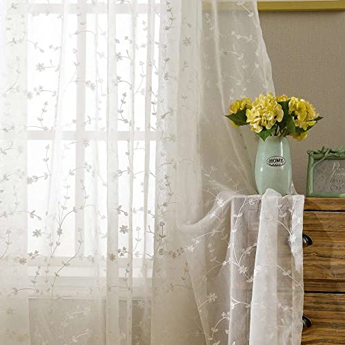 Voile Gardinen Vorhang Gardinen Transparent,2 Stück Gardinen Vorhänge Vorhang Blickdicht mit Ösen Wohnzimmer Schlafzimmer Stores Küche - Weiße Blumen(B140 x H260cm) von KEKUYA