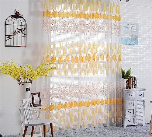 Voile Vorhang Sheer Gardinen mit Ösen,Vorhänge aus massivem Leinen, durchscheinend,Gelbe Blätter,dekoratives Gardinen-Design für modernes Wohnzimmer,1 Stücke,B270×H260cm von KEKUYA