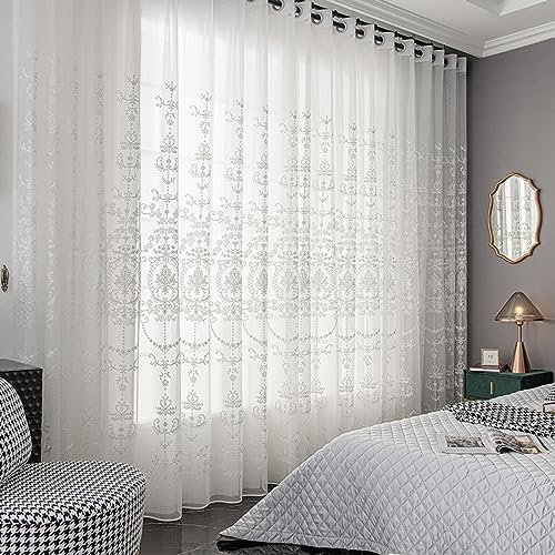 Voile Vorhang Sheer Gardinen mit Ösen,Vorhänge aus massivem Leinen, durchscheinend,Weiße Stickerei,dekoratives Gardinen-Design für modernes Wohnzimmer,2 Stücke,B229×H229cm von KEKUYA