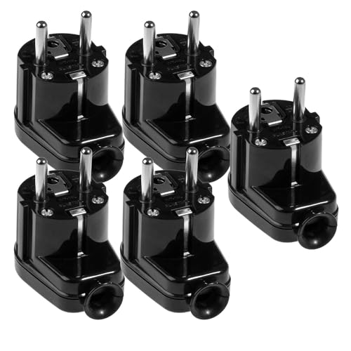 KEL 5 Stück Winkelstecker Uni Schuko 16A / 230V - Stecker, Schutzkontaktstecker IP20 Stromstecker, Uni Schukostecker aus Kunstoff, schwarz von KEL