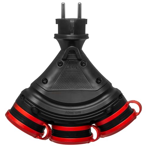 KEL Mehrfachstecker Verteilersteckdose Schuko 250V max. 16A IP44 3-fach Steckdose mit hermetischer Abdeckung und Erdung Rot Schwarz von KEL