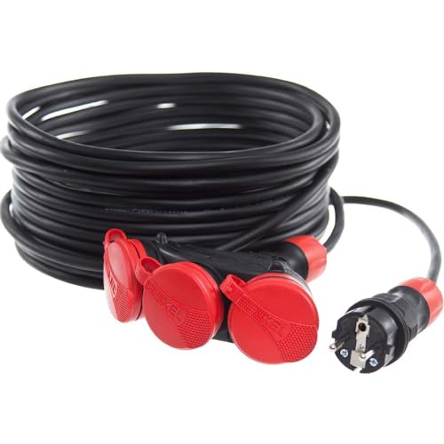 KEL Verlängerungskabel 3x1,5 mm2 IP44 Kabel in Gummischlauch Mehrfachsteckdose Steckerleiste Rot Schwarz 10 m von KEL