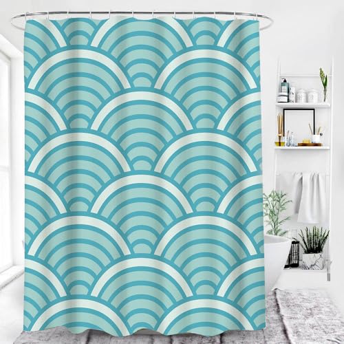 Blau Weißer Duschvorhang 180x180 mit Fächern für Badezimmer, Badezimmervorhänge mit Geometrischem Muster Im Japanischen Stil, Moderner, Einfacher, Wasserdichter Polyesterstoff mit Haken, B180 x H von KELAIMI