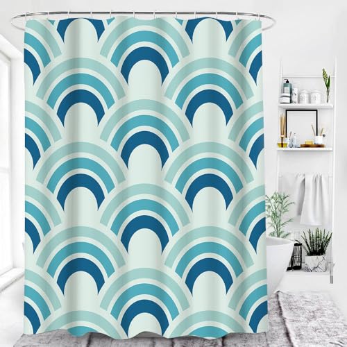 Duschvorhang 180x200 mit Fächermuster In Blau und Grün mit Farbverlauf, Moderner Badezimmervorhang mit Geometrischen Streifen, Wasserdichter Stoff für Die Badewanne, Dekorationsset mit Haken, B180 von KELAIMI