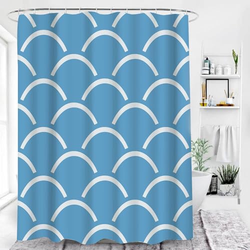 KELAIMI Moderner, Schlichter Blauer Duschvorhang 180x180 mit Weißem Fächergeometrie-Muster Im Japanischen Stil, Badezimmerdekor Aus Stoff, Badevorhänge mit Haken, B180 x H180 cm (1Er Pack) von KELAIMI