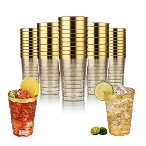Plastikbecher - 50 Stück Premium Plastikbecher Mehrweg - Kunststoffbecher 330 ml mit Glitzer und Goldenem Rand, Elegant - BPA-frei - Becher Wiederverwendbare für Hochzeitsfeier, Geburtstag & Picknick von KELHOM
