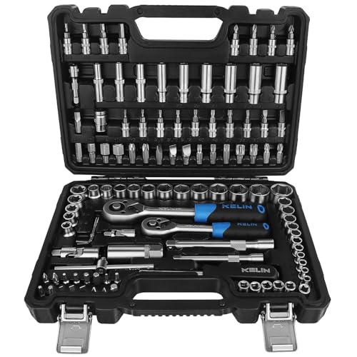 KELIN Steckschlüsselsatz 108-teilig, Ratschenschlüssel Knarrenkasten Set mit Umschaltknarre 1/4" und 3/8", inkl. Gängigen Torx - Bitsatz, Verlängerungen, Steckschlüssel Set und Nüsse für Heim (108) von KELIN