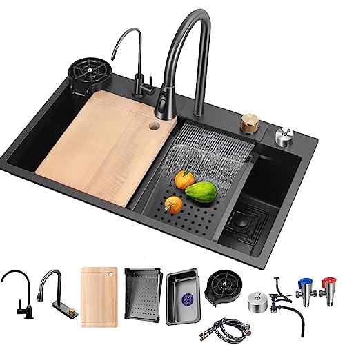 KELINGOUD Black 1 Becken Küchenspüle, Edelstahl-Wasserfall-Spüle, Bar-Spüle mit Cup Washer Sinks, Drop-In/Undermount Farmhouse Workstation Spüle mit mehreren Zubehör (75 x 46 cm) von KELINGOUD
