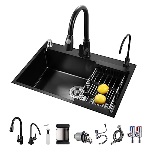 KELINGOUD Schwarze Küchenspüle, Edelstahl-1 Becken, Drop-In/Topmount-Arbeitsplatzspüle Mit Verschiebbarem Zubehör, Bauernhaus-Arbeitsplatzspüle Mit Mehreren Zubehörteilen(68x45cm) von KELINGOUD