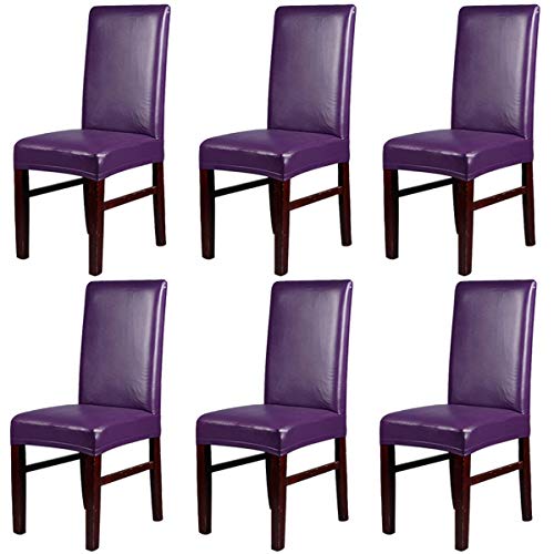 KELUINA Elastic Spandex Solide Pu Leder Stuhlhussen, wasserdicht und ölbeständig Stretch Dining Chair Protector Cover Schonbezug für Kitchen Bar Hotel und Hochzeitszeremonie (Lila,6 pcs) von KELUINA