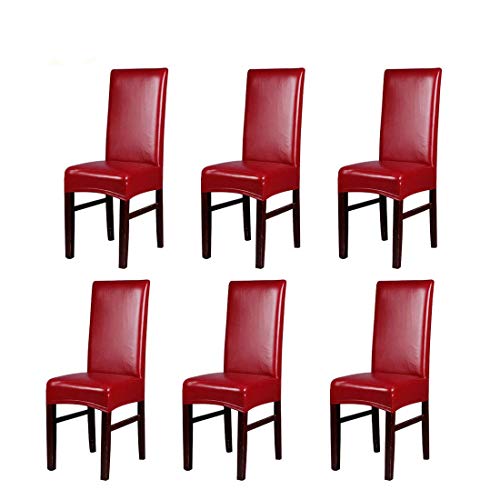 KELUINA Elastic Spandex Solide Pu Leder Stuhlhussen, wasserdicht und ölbeständig Stretch Dining Chair Protector Cover Schonbezug für Kitchen Bar Hotel und Hochzeitszeremonie (Weinrot,6 pcs) von KELUINA