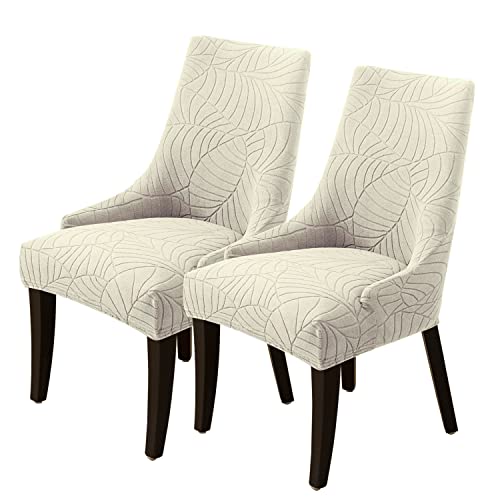 KELUINA Newest Jacquard Dining Chair Covers,High Stretchy Fit Wingback Side Chair Slipcovers,Upholstered Arm Dining Chair with Nailed Trim Seat Protector Covers (Beige,2 PC) von KELUINA