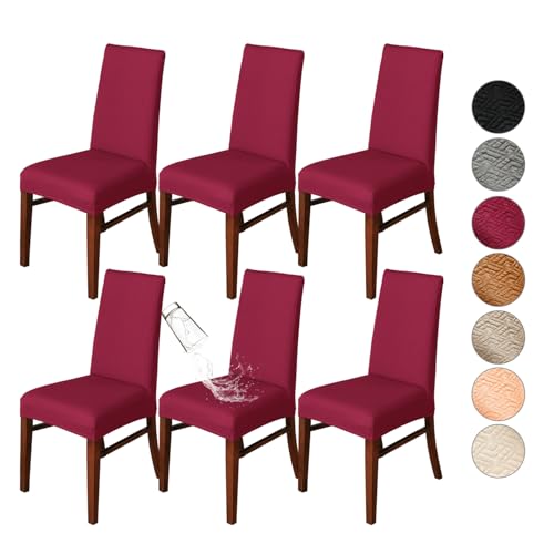 KELUINA Stretch Diamant Gitter Jacquard Esszimmer Stuhlhussen, abnehmbare waschbare Küche Stuhl Slipcover für Hotel, Esszimmer, Zeremonie, Bankett Hochzeit Party (Wine Red1, 6 Stück) von KELUINA