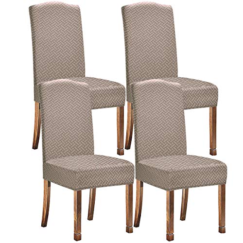 KELUINA Stretch Wasserabweisende Twill Jacquard Esszimmer Stuhlhussen Home Decor, Stuhlhussen für Esszimmerstühle Restaurant Hotel Zeremonie (Kamel,4 Stück) von KELUINA