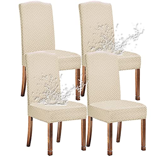 KELUINA Stretch wasserdichte Jacquard mit langem Gitter Esszimmer Stuhlhussen Home Decor, Stuhlhussen für Esszimmerstühle(Cremeweiß,4 Stück) von KELUINA