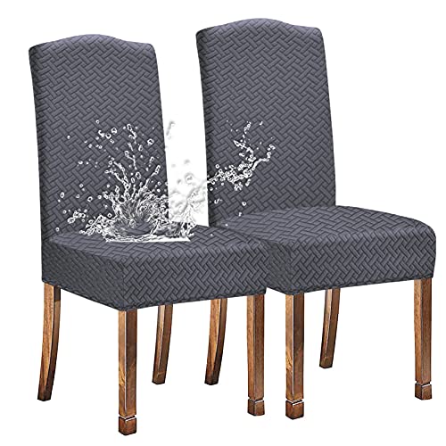 KELUINA Stretch wasserdichte Jacquard mit langem Gitter Esszimmer Stuhlhussen Home Decor, Stuhlhussen für Esszimmerstühle(Grau,2 Stück) von KELUINA