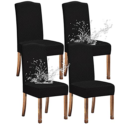KELUINA Stretch wasserdichte Jacquard mit langem Gitter Esszimmer Stuhlhussen Home Decor, Stuhlhussen für Esszimmerstühle(Schwarz,4 Stück) von KELUINA