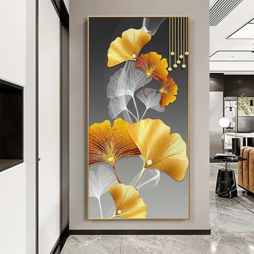 KEMEIQI Abstrakte goldene Ginkgo-Poster, Leinwanddrucke, Eingangsgemälde, Wandkunst, Bilder für Wohnzimmer, modernes leichtes Luxusdekor, 30 x 60 cm, rahmenlos von KEMEIQI