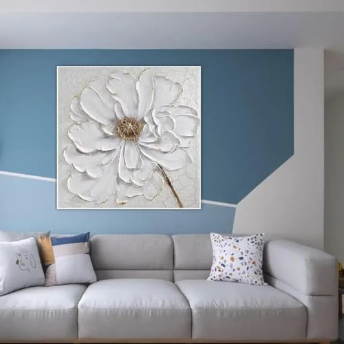KEMEIQI Skandinavisches klassisches Wandkunst-Poster, 3D, großes Ölgemälde mit weißen Blumen, HD-Leinwanddruck, Heimdekoration für Schlafzimmer und Wohnzimmer (70 x 70 cm/rahmenlos) von KEMEIQI