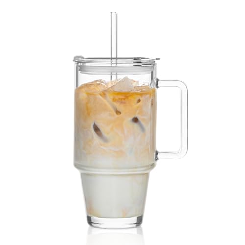 KEMORELA 710ml Longdrinkglas mit Henkel, Deckel & Strohhalm – Spülmaschinengeeignetes Glas für Eiskaffee, Smoothies & Cocktails – Langlebig und leicht zu reinigen, ideal für Zuhause und unterwegs von KEMORELA