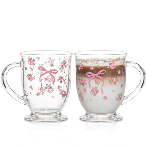 KEMORELA 2er-Set 480ml Premium Gläser mit pinkem Flower Rose Bow Muster - Kaffeebecher, Saftgläser, Smoothiegläser & Wassergläser mit extra weitem Rand, bleifrei und spülmaschinengeeignet von KEMORELA