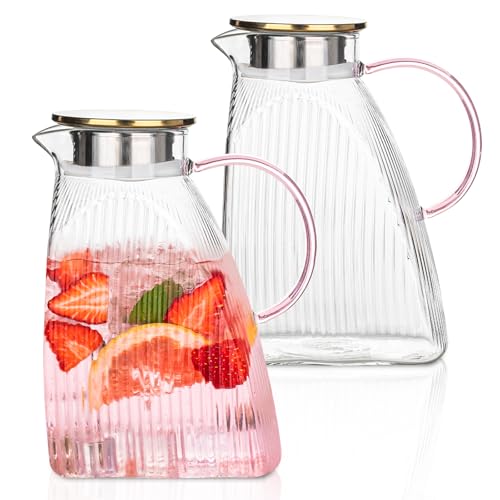 Große 1,8L Glas-Karaffen im 2er-Set mit rosa Griff - Hochwertige Borosilikat-Karaffen mit dichtschließendem Verschluss, ideal für Wasser, Fruchtgetränke, Tee,Premium Glasbehälter Große 1,8L Glas-Karaffen im 2er-Set mit rosa Griff - Hochwertige Borosilikat-Karaffen mit dichtschließendem Verschluss, ideal für Wasser, Fruchtgetränke, Tee,Premium Glasbehälter von KEMORELA