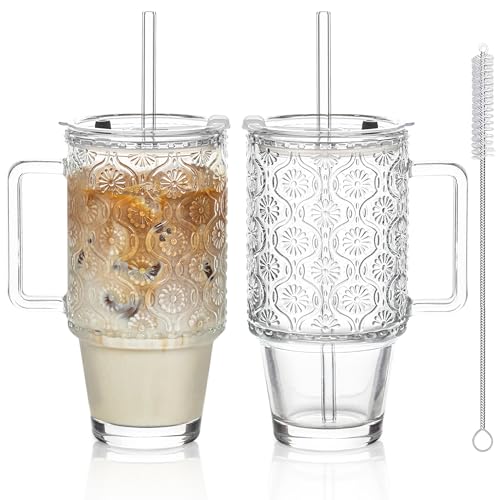 KEMORELA 2 Stück 710ml Blumenmuster-Gläser mit Henkel, Deckel & Strohhalm- Kaffeebecher, Saftgläser, Smoothiegläser & Wassergläser mit extra weitem Rand, bleifrei und spülmaschinengeeignet von KEMORELA