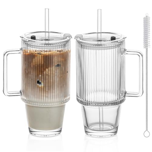 KEMORELA 2er-Set 710ml Premium Rillengläser mit Deckel & Strohhalm - Kaffeebecher, Saftgläser, Smoothiegläser & Wassergläser mit extra weitem Rand, bleifrei und spülmaschinengeeignet von KEMORELA