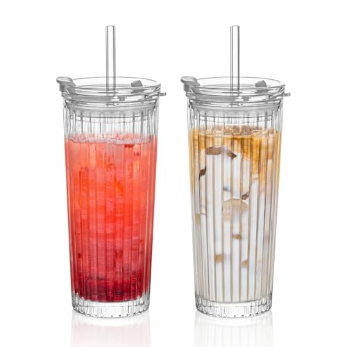 KEMORELA 2er Set Geriffelte Glasbecher mit Deckel und Strohhalm – 530ml Wiederverwendbare Kaffeebecher To Go aus Glas, Wasserdichte Trinkgläser für Eiskaffee, Tee & Kaltgetränke KEMORELA 2er Set Geriffelte Glasbecher mit Deckel und Strohhalm – 530ml Wiederverwendbare Kaffeebecher To Go aus Glas, Wasserdichte Trinkgläser für Eiskaffee, Tee & Kaltgetränke von KEMORELA