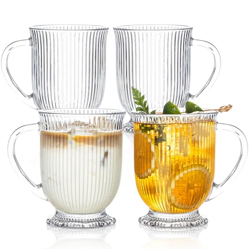 KEMORELA 4er Set Cappuccino Tassen 480ml – Iced Coffee Glass, Hitzebeständige geriffelte Glas-Kaffeetassen mit Griff, Eiskaffee-Glas, stilvolle Teegläser für heiße Getränke, langlebige Espressotassen von KEMORELA