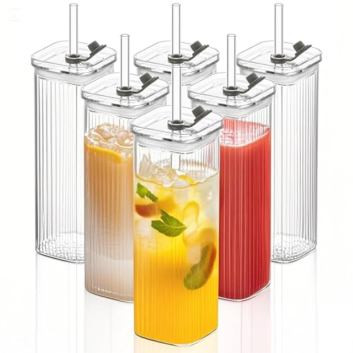 KEMORELA 6er Set Quadratische Gläser mit Deckel & Strohhalm – 500ml Streifen Trinkgläser aus Glas – Wiederverwendbare Wassergläser für Eiskaffee, Cocktails, Smoothies & Softdrinks KEMORELA 6er Set Quadratische Gläser mit Deckel & Strohhalm – 500ml Streifen Trinkgläser aus Glas – Wiederverwendbare Wassergläser für Eiskaffee, Cocktails, Smoothies & Softdrinks von KEMORELA