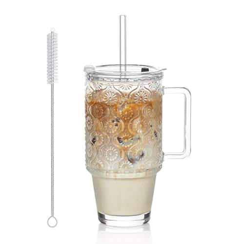 KEMORELA 710ml (24oz) Glasbecher mit Deckel & Glas Strohhalm, Eiskaffeebecher mit Henkel, Smoothie Glas mit Blumenmuster, für kalte Getränke von KEMORELA