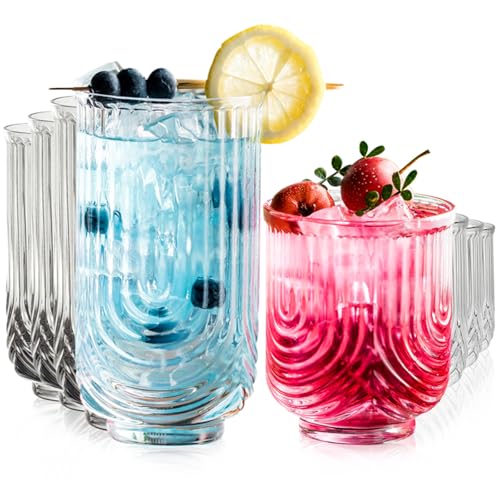 KEMORELA Art Deco Cocktailglas-Set 8-tlg. - Hochballgläser mit U-Form & Struktur für Whisky, Cocktails, Eiskaffee - Spülmaschinenfeste Vintage-Gläser für Bier/Saft/Longdrinks von KEMORELA