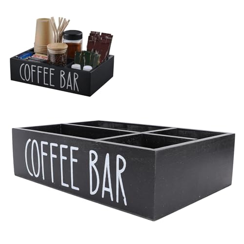 KENANLAN Kaffeestation Organizer für Arbeitsplatten Holz Kaffee Bar Accessoires Aufbewahrung mit Divider Teebeutel Kaffeeschotenhalter für Home Office Küche (Schwarz) von KENANLAN