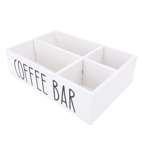 KENANLAN Kaffeestation Organizer für Arbeitsplatten Holz Kaffee Bar Accessoires Aufbewahrung mit Divider Teebeutel Kaffeeschotenhalter für Home Office Küche (Weiß) von KENANLAN