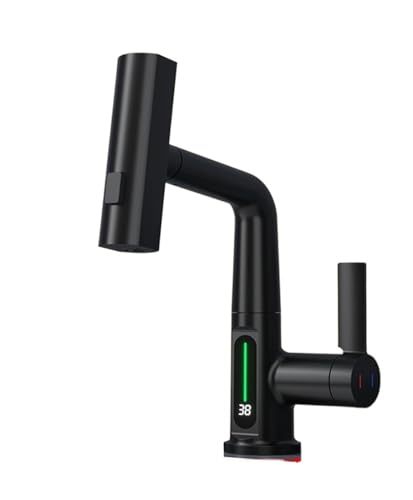 Wasserfall-Waschtischarmatur mit Temperatur-Digitalanzeige, herausziehbarer Wasserhahn-Sprüher for heißes und kaltes Wasser, Mischbatterie for Badezimmer ,Ausgezeichnete Korrosion(Black With screen) von KENBT