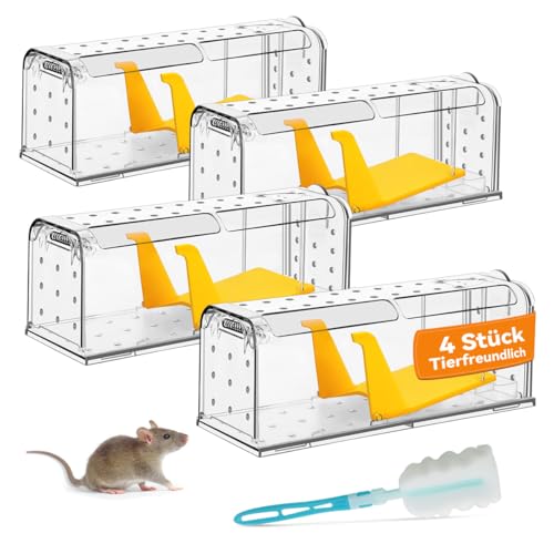 KENNEAS Mausefalle Lebend 4er Pack, Lebendfalle Maus, Wiederverwendbar, Tierfreundliche, Hochsensitive Quick Release, Keiner Kontakt mit Mäusen in der Küche im Garten Im Lager (4, Transparent) von KENNEAS