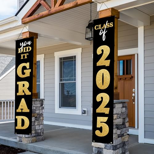 Abschlussdekorationen 2025 Banner Veranda Schild Schwarz Gold - You Did It Class of 2025 Absolventen Partyzubehör | Congrats Grad Haustür oder Hofveranda Schilder Dekor | Abschlussbanner für von KENPMA