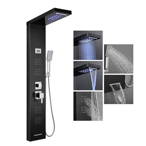 304 Edelstahl Duschsäule 5 Funktionen KEOKBON Badezimmer Duschturm System mit Wasserfall Regen Handbrause Körpermassagedüsen Badewannenauslauf LED-Licht Celsius Temperaturanzeige, Schwarz von KEOKBON