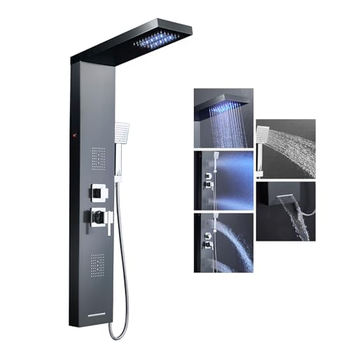 Duschpaneel Schwarz, KEOKBON LED Duschpaneel Edelstahl mit Armatur 5 Wasserausgabemodi, Regendusche Rückenmassage（Massagedusche und Nebeldusche） Wanneneinlauf Handbrause, Duschpaneele Duschsystem von KEOKBON