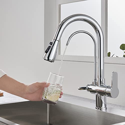 KEOKBON 3 Wege Küchenarmatur mit Ausziehbarer Brause, 3 in 1 Mischbatterie Trinkwasserhahn Küche Wasserhahn für Wasserfilter Küchearmatur, Chrom von KEOKBON