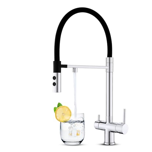 KEOKBON 3 Wege Wasserhahn, 360° Drehbar Küchenarmatur mit 2 Funktion Brause, 3 in 1 Mischbatterie Trinkwasserhahn mit 2 Hebel für Wasserfilter, Drei Wege Armatur Küche aus Messing & Edelstahl, Chrom von KEOKBON