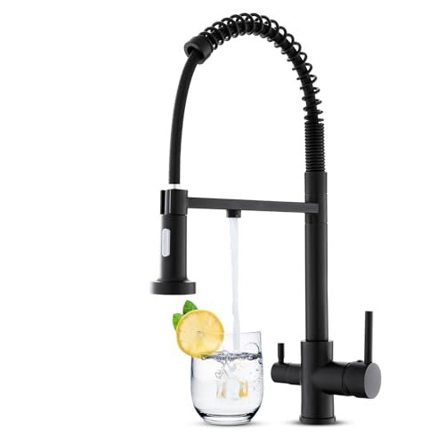 KEOKBON 3 Wege Wasserhahn Küche Schwarz mit 2 Funktion Brause, 360° Drehbar Küchenarmatur aus Messing und Edelstahl 304, Drei Wege Mischbatterie, Trinkwasserhahn mit 2 Hebel, 3 in 1 Spültischarmatur von KEOKBON