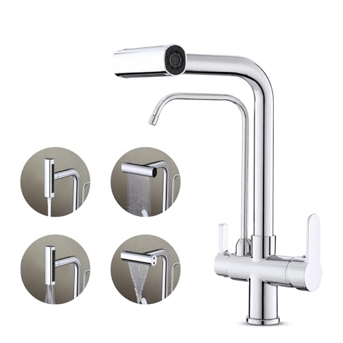 KEOKBON 3 Wege Wasserhahn Küche mit Brause Ausziehbar 4 Modus, 3 in 1 Küchenarmatur 360° Schwenkbar, 2 Hebel Spültischarmatur für Wasserfilter, Herausziehbarer Mischbatterie, Chrom von KEOKBON