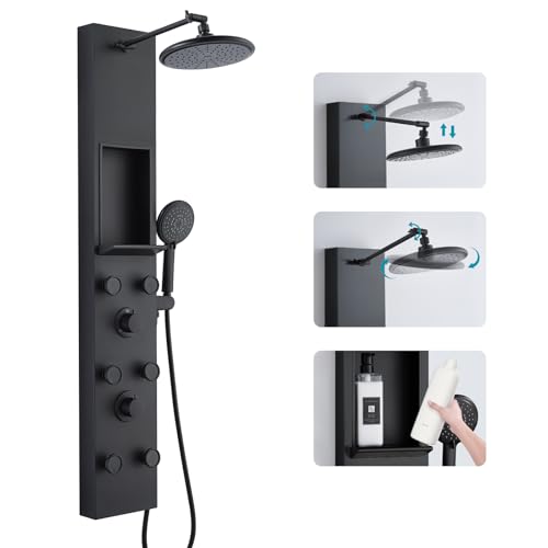 KEOKBON 3 in 1 Duschpaneel Schwarz Ganz mit Ablage and Höhenverstellbar 20cm Rund Kopfbrause, Duschsäule mit 6 Körperdüsen Handbrause Wanneneinlauf, Duschsystem Duschpaneel mit Armatur aus Edelstahl von KEOKBON